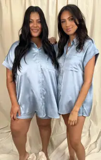 Best Day Button Up ~ Steel Blue Luxe Satin(XXS)