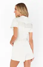 Outlaw Romper ~ White Rhinestone Fringe Denim(XS)