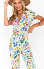 Jacksonville Short Sleeve Cropped Jumpsuit ~ Ivory Botanical Floral Denim(XS)