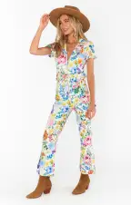 Jacksonville Short Sleeve Cropped Jumpsuit ~ Ivory Botanical Floral Denim(XS)