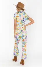 Jacksonville Short Sleeve Cropped Jumpsuit ~ Ivory Botanical Floral Denim(XS)