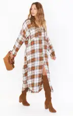 Leo Button Down Tunic ~ Tan Plaid(XS)