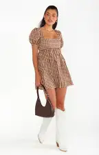 Smitten Babydoll Dress ~ Brown Gingham(XS)