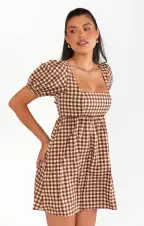 Smitten Babydoll Dress ~ Brown Gingham(XS)