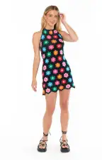 Happy Halter Mini Dress ~ Multi Black Flower Crochet(XS)