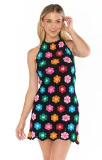 Happy Halter Mini Dress ~ Multi Black Flower Crochet(XS)