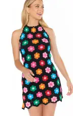 Happy Halter Mini Dress ~ Multi Black Flower Crochet(XS)