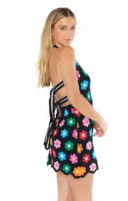 Happy Halter Mini Dress ~ Multi Black Flower Crochet(XS)