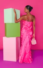 Romance Ruffle Dress ~ Vivid Pink Luxe Satin(XS)