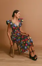 Lindsay Midi Dress ~ Charm Peony Black Luxe Satin(XS)