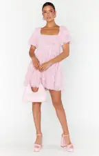 Smitten Babydoll Dress ~ Rosette Mesh Pink(XS)