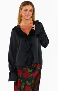 Adela Ruffle Top ~ Black Luxe Satin(XS)