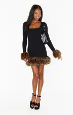 Francine Mini Dress ~ Black Knit with Faux Fur(XS)