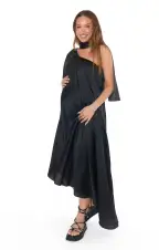 Rhea One Shoulder Dress ~ Black Luxe Satin(XS)
