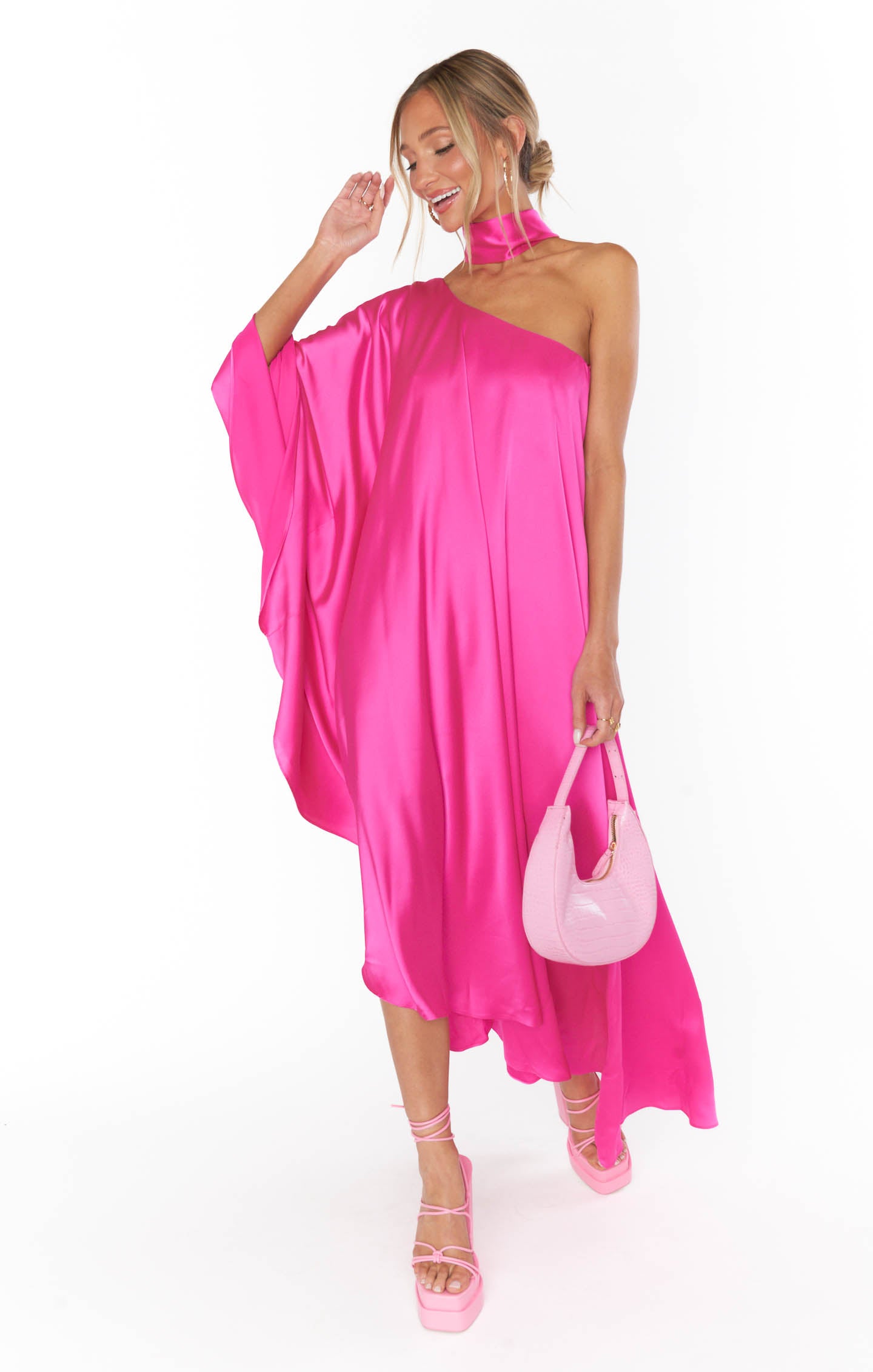 Rhea One Shoulder Dress ~ Hot Pink Luxe Satin(XS)
