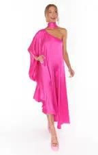 Rhea One Shoulder Dress ~ Hot Pink Luxe Satin(XS)