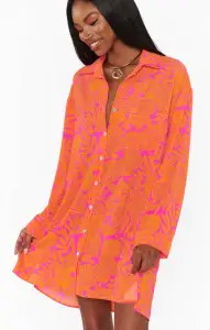 Beachclub Button Down ~ Fuchsia Shells Pebble(XS)