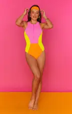 Shoreside One Piece ~ Neon Sunset Colorblock Scrunch(XS)