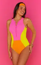Shoreside One Piece ~ Neon Sunset Colorblock Scrunch(XS)