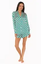Early Riser PJ Set ~ Green Checker Silky(XS)