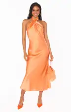 Jasmine Halter Midi Dress ~ Cantaloupe Luxe Satin(XS)