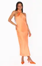 Jasmine Halter Midi Dress ~ Cantaloupe Luxe Satin(XS)