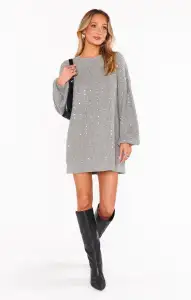 Social Sweater Dress ~ Silver Sequins Knit(XS)
