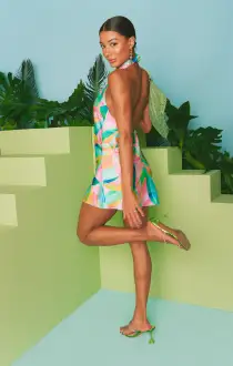 Jasmine Halter Mini Dress ~ Tropicana Burst Luxe Satin(XS)