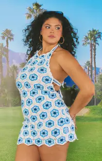 Happy Halter Mini Dress ~ Blue Multi Crochet(XS)