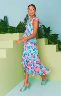 Reese Ruffle Dress ~ Hibiscus Punch Crinkle(XS)