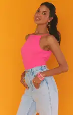 Portia Bodysuit ~ Hot Pink Rib Knit(XS)