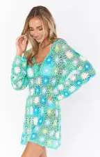 Vacay Mini Coverup ~ Blue Multi Floral Crochet(XXS)