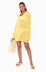 Button Up Coverup ~ Yellow Crochet(XS)