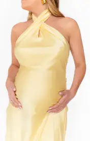 Jasmine Halter Maxi Dress ~ Pale Yellow Luxe Satin(XXS)