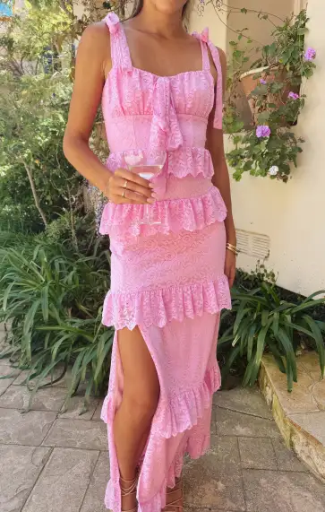 Monique Tie Maxi Dress ~ Pink Lovely Lace(XS)