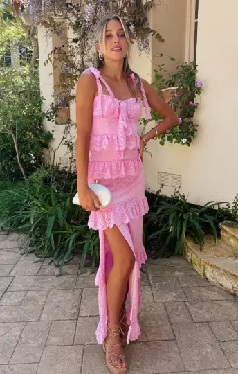 Monique Tie Maxi Dress ~ Pink Lovely Lace(XS)