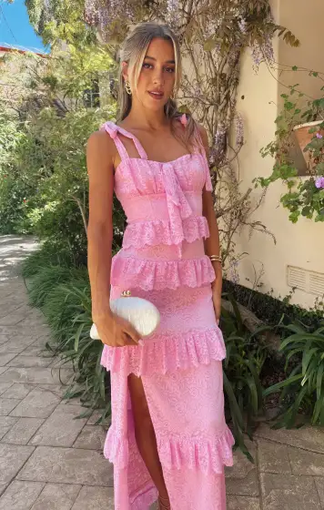 Monique Tie Maxi Dress ~ Pink Lovely Lace(XS)