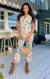 Jacksonville Short Sleeve Cropped Jumpsuit ~ Ivory Botanical Floral Denim(XS)