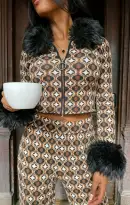 Zermatt Zip Up ~ Neutral Geo Jacquard Faux Fur(XS)