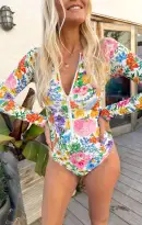Surfside One Piece ~ Ivory Botanical Rib Scrunch(XS)