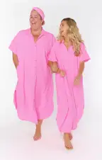 Buoy Button Down Dress ~ Hot Pink Crinkle Flow(XS)