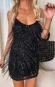 Sparks Fly Mini Dress ~ Black Beaded Fringe