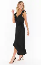 Samantha Ruffle Wrap Dress ~ Black Luxe Satin(XXS)