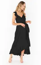 Samantha Ruffle Wrap Dress ~ Black Luxe Satin(XXS)