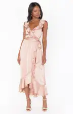 Samantha Ruffle Wrap Dress ~ Rose Gold Luxe Satin(XXS)
