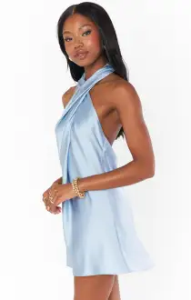 Jasmine Halter Mini Dress ~ Steel Blue Luxe Satin(XS)