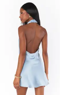 Jasmine Halter Mini Dress ~ Steel Blue Luxe Satin(XS)