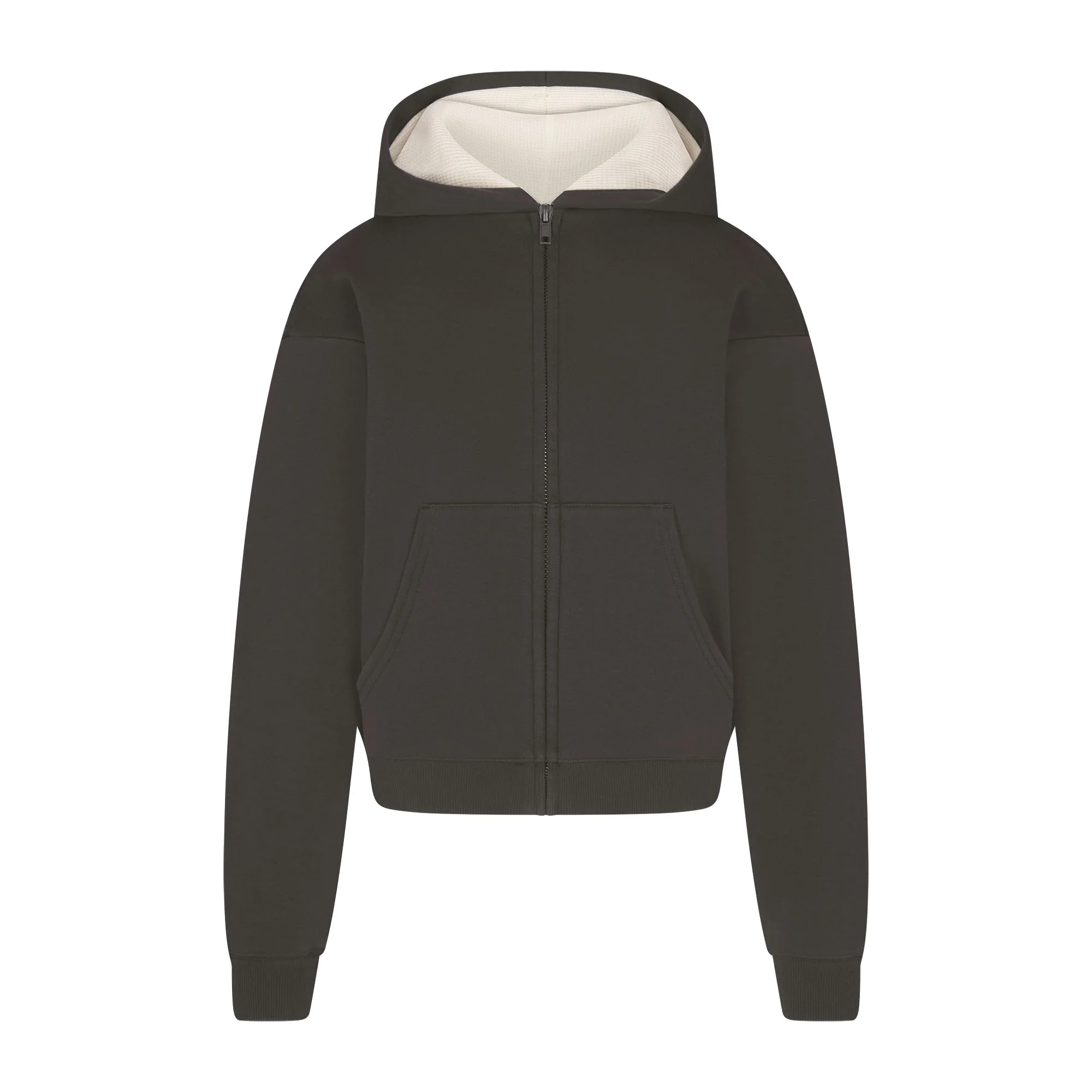 COTTON FLEECE WAFFLE LINED SHRUNKEN ZIP UP HOODIE