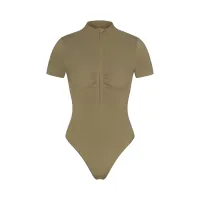 SEAMLESS SCULPT ZIP FRONT T-SHIRT THONG BODYSUIT