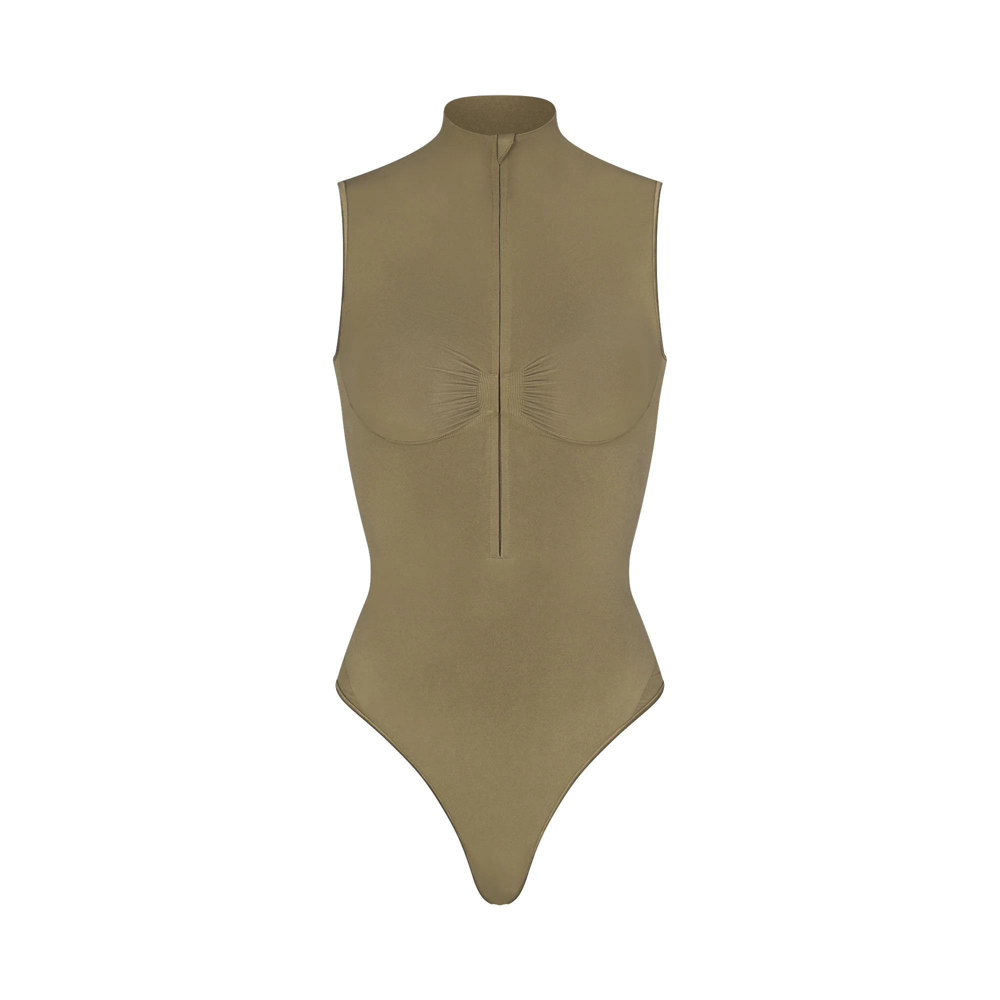 SEAMLESS SCULPT ZIP FRONT SLEEVELESS THONG BODYSUIT